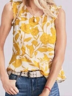 CAbi Sunshine Yellow & White  Floral Sleeveless Sheer Top, Peplum, Camisole XS